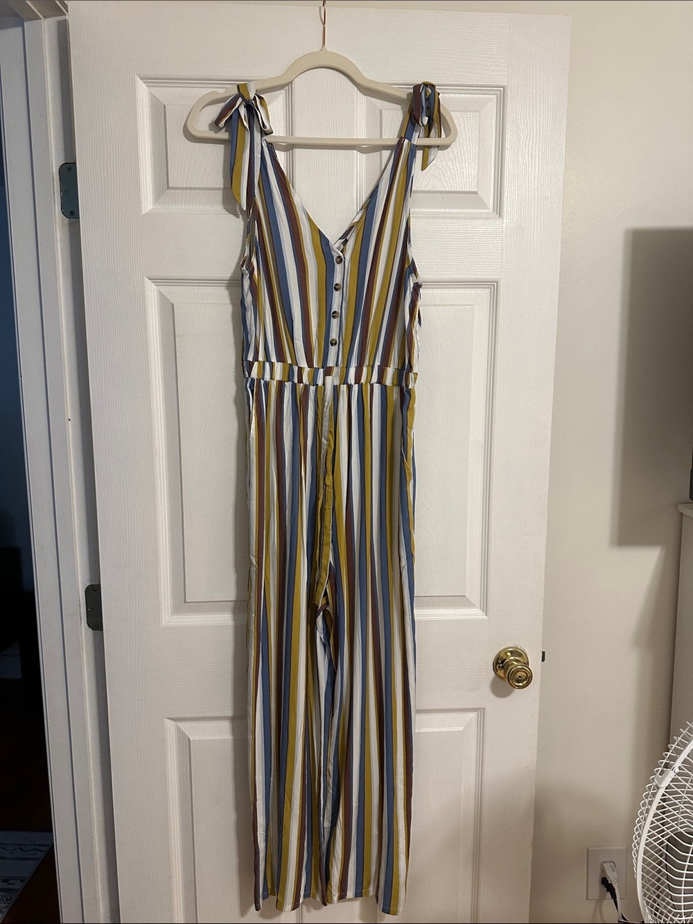 Striped Tie-Shoulder Jumpsuit in Blue, Mustard & White
